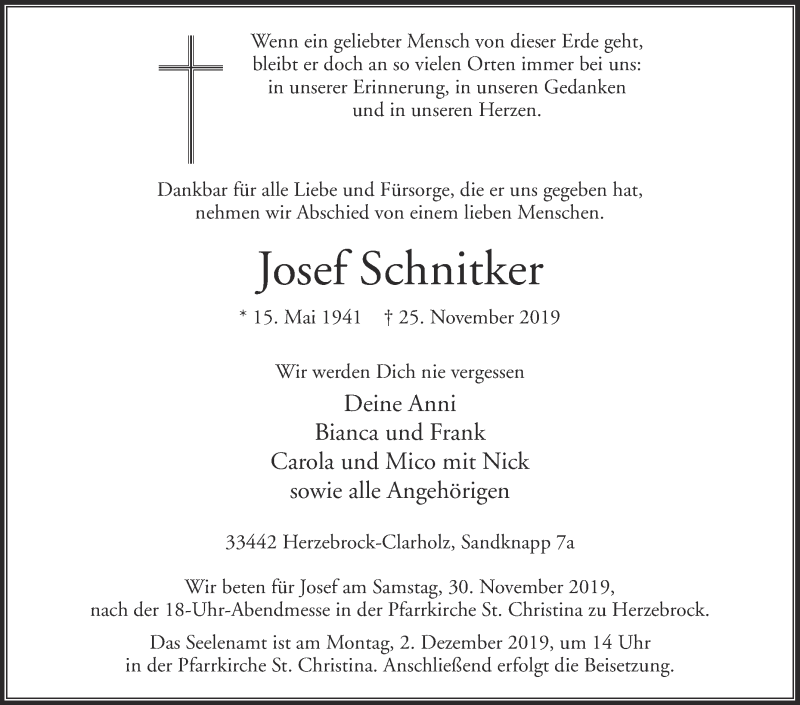  Traueranzeige für Josef Schnitker vom 29.11.2019 aus Die Glocke