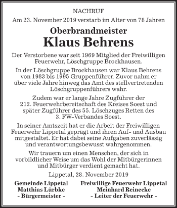 Traueranzeige von Klaus Behrens von Die Glocke