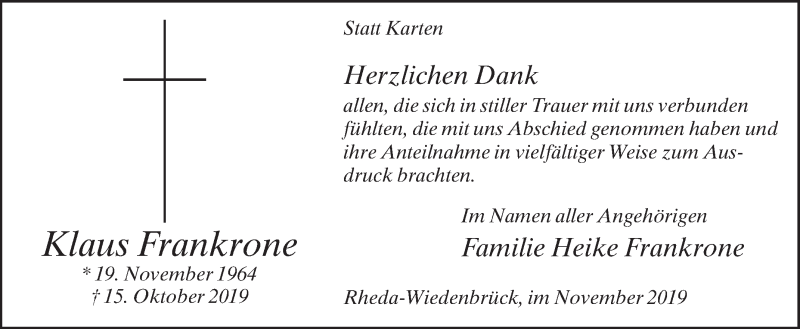  Traueranzeige für Klaus Frankrone vom 09.11.2019 aus Die Glocke