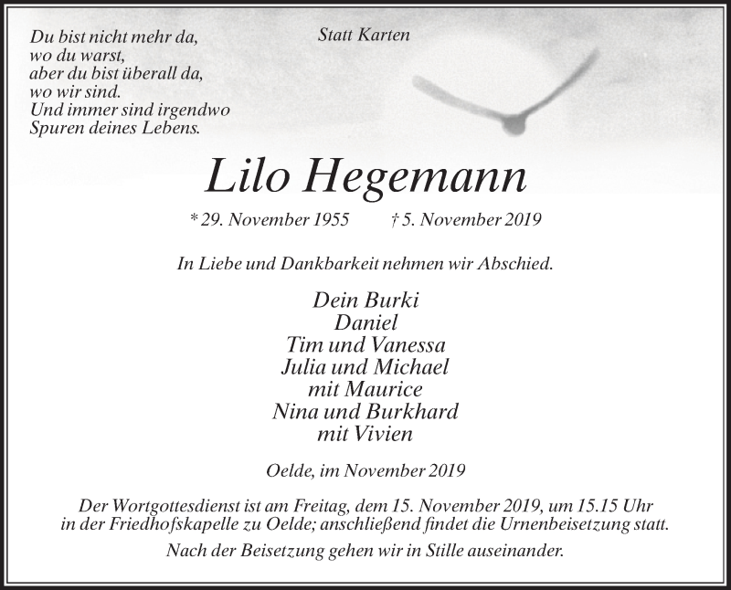  Traueranzeige für Lilo Hegemann vom 09.11.2019 aus Die Glocke