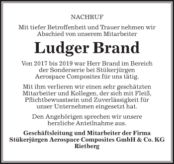 Traueranzeige von Ludger Brand von Die Glocke