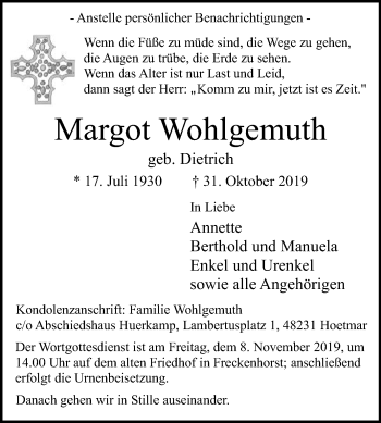 Traueranzeige von Margot Wohlgemuth von Die Glocke