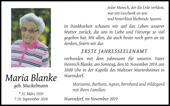 Traueranzeige von Maria Blanke von Die Glocke