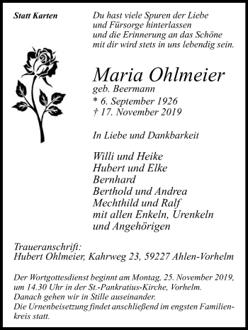 Traueranzeige von Maria Ohlmeier von Die Glocke