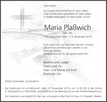 Traueranzeige von Maria Plaßwich von Die Glocke