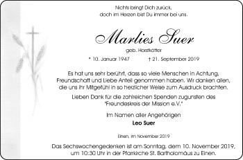 Traueranzeige von Marlies Suer von Die Glocke