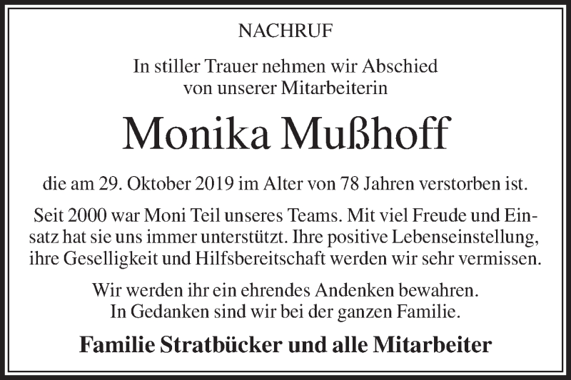  Traueranzeige für Monika Mußhoff vom 09.11.2019 aus Die Glocke