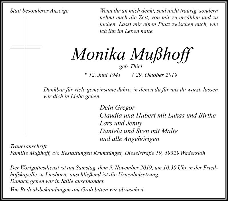  Traueranzeige für Monika Mußhoff vom 05.11.2019 aus Die Glocke