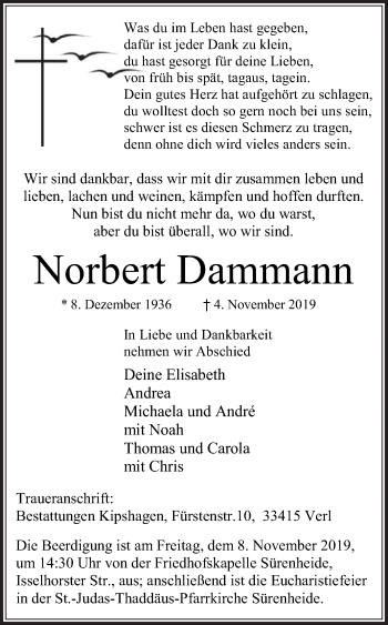 Traueranzeige von Norbert Dammann von Die Glocke