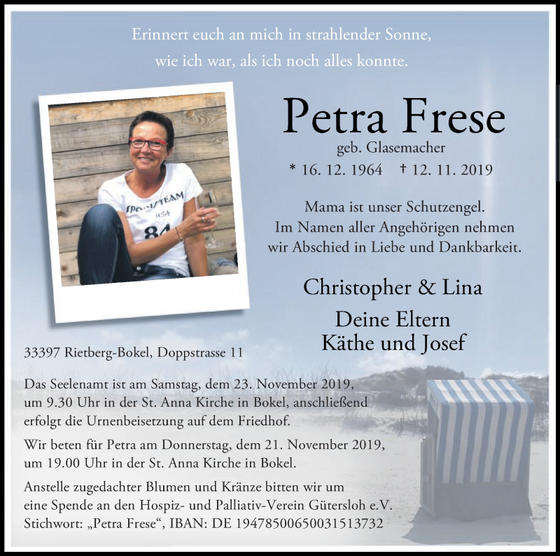  Traueranzeige für Petra Frese vom 16.11.2019 aus Die Glocke