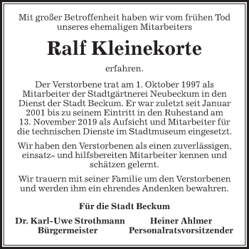Traueranzeige von Ralf Kleinekorte von Die Glocke