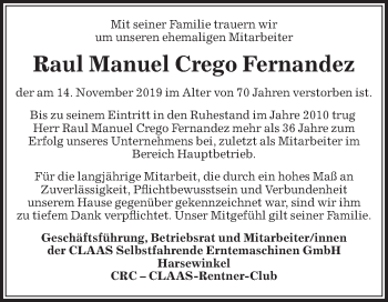 Traueranzeige von Raul Manuel Crego Fernandez von Die Glocke