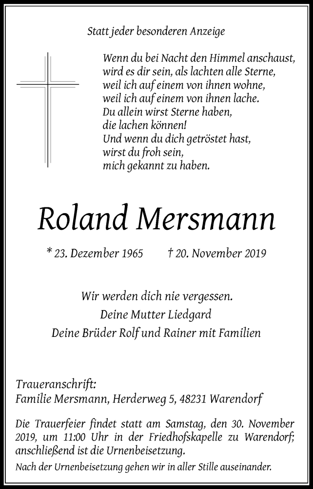  Traueranzeige für Roland Mersmann vom 25.11.2019 aus Die Glocke