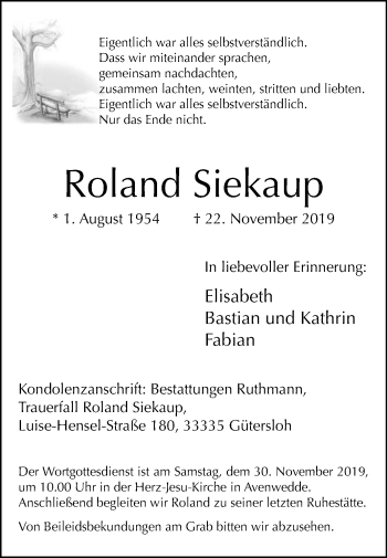 Traueranzeige von Roland Siekaup von Die Glocke