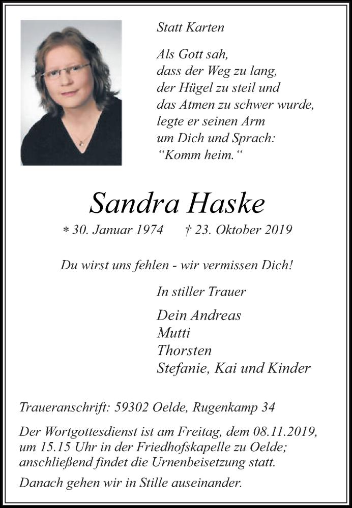  Traueranzeige für Sandra Haske vom 05.11.2019 aus Die Glocke