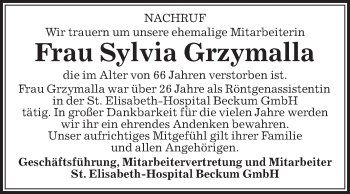 Traueranzeige von Sylvia Grzymalla von Die Glocke