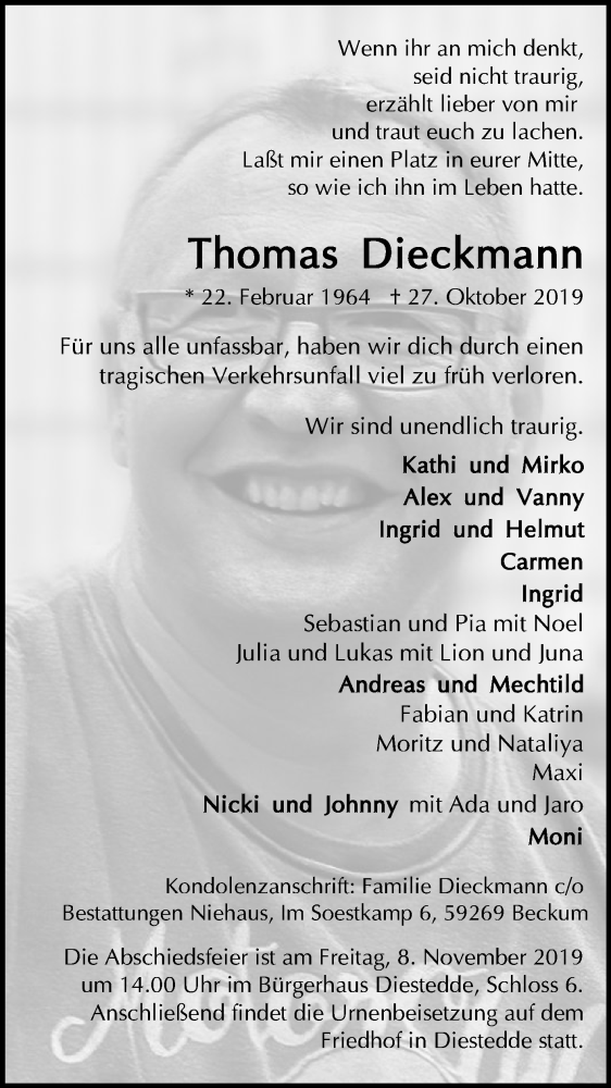  Traueranzeige für Thomas Dieckmann vom 01.11.2019 aus Die Glocke