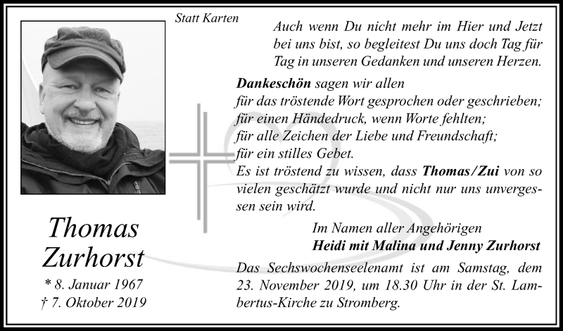  Traueranzeige für Thomas Zurhorst vom 16.11.2019 aus Die Glocke