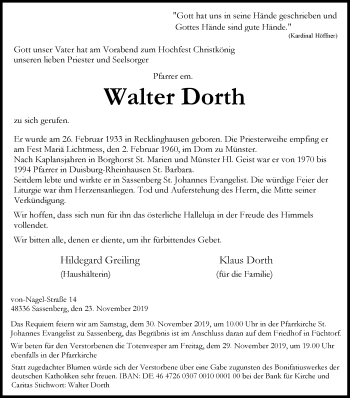 Traueranzeige von Walter Dorth von Die Glocke