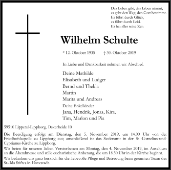 Traueranzeige von Wilhelm Schulte von Die Glocke