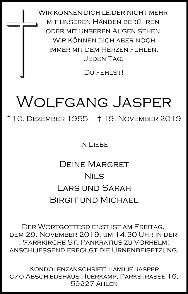  Traueranzeige für Wolfgang Jasper vom 22.11.2019 aus Die Glocke