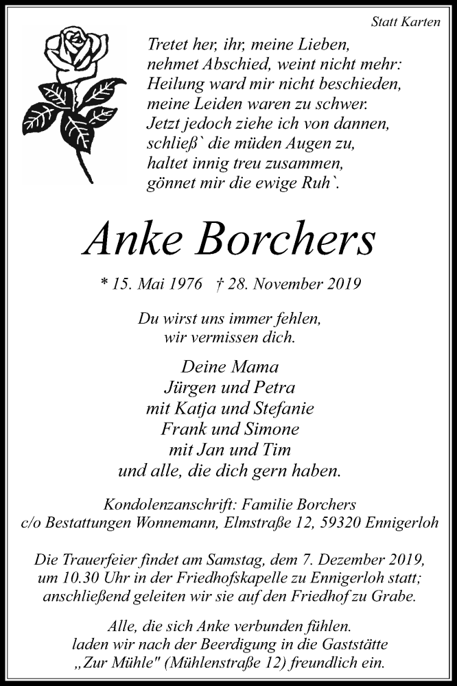  Traueranzeige für Anke Borchers vom 03.12.2019 aus Die Glocke