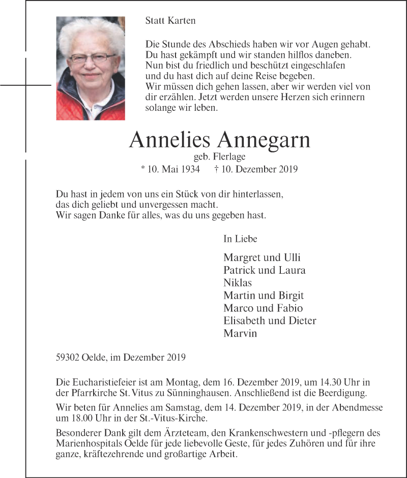  Traueranzeige für Annelies Annegarn vom 13.12.2019 aus Die Glocke