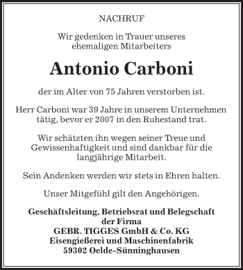 Traueranzeige von Antonio Carboni von Die Glocke