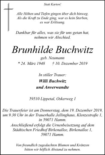 Traueranzeige von Brunhilde Buchwitz von Die Glocke