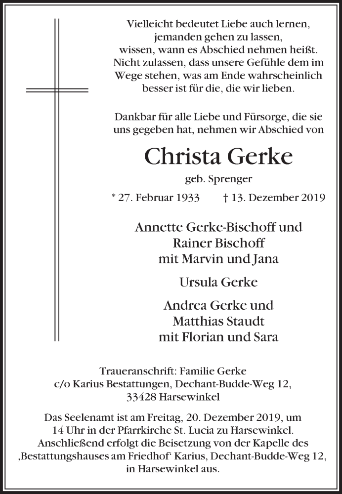  Traueranzeige für Christa Gerke vom 17.12.2019 aus Die Glocke