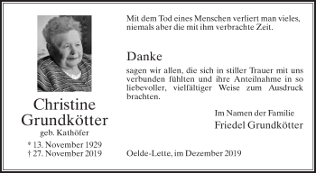 Traueranzeige von Christine Grundkötter von Die Glocke