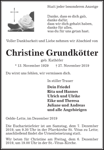 Traueranzeige von Christine Grundkötter von Die Glocke