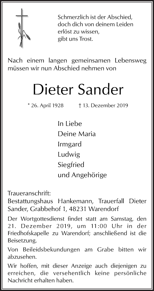 Traueranzeige für Dieter Sander vom 17.12.2019 aus Die Glocke