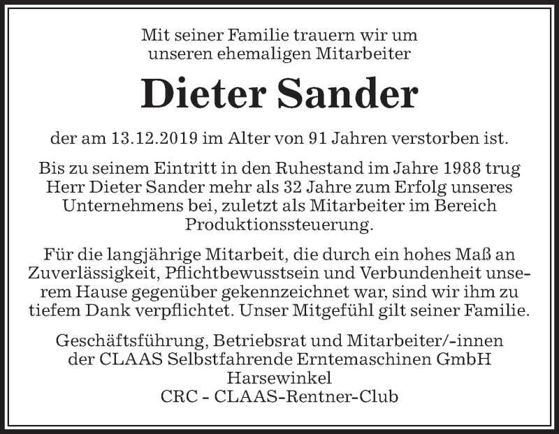  Traueranzeige für Dieter Sander vom 21.12.2019 aus Die Glocke