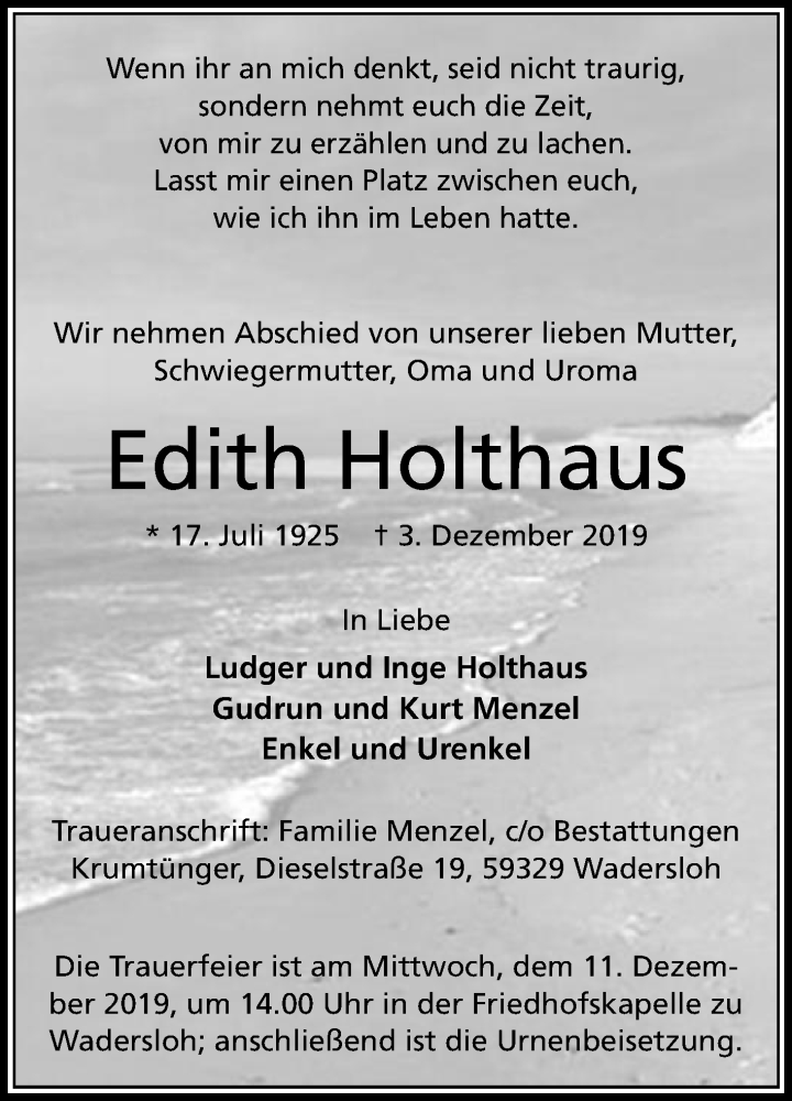  Traueranzeige für Edith Holthaus vom 07.12.2019 aus Die Glocke