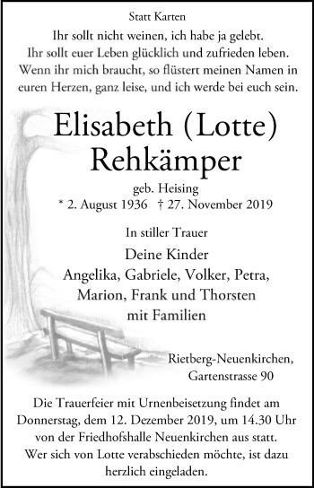 Traueranzeige von Elisabeth Rehkämper von Die Glocke