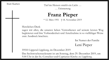 Traueranzeige von Franz Pieper von Die Glocke