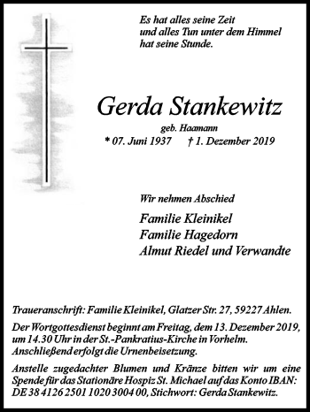 Traueranzeige von Gerda Stankewitz von Die Glocke