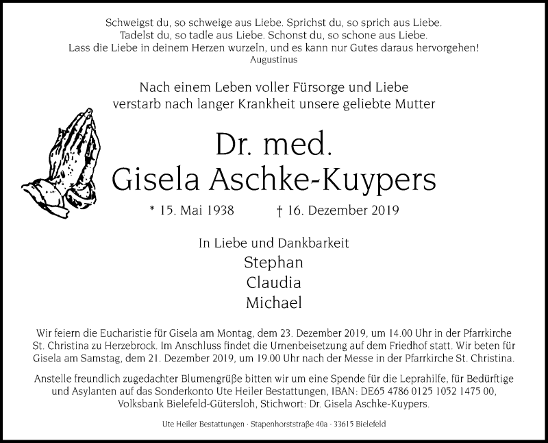  Traueranzeige für Gisela Aschke-Kuypers vom 19.12.2019 aus Die Glocke