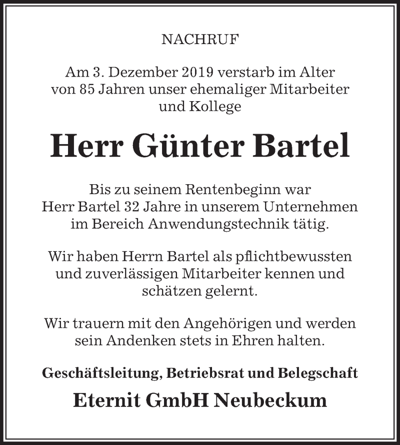  Traueranzeige für Günter Bartel vom 18.12.2019 aus Die Glocke