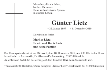 Traueranzeige von Günter Lietz von Die Glocke