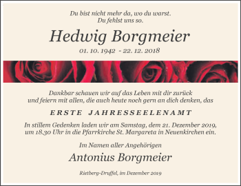 Traueranzeige von Hedwig Borgmeier von Die Glocke