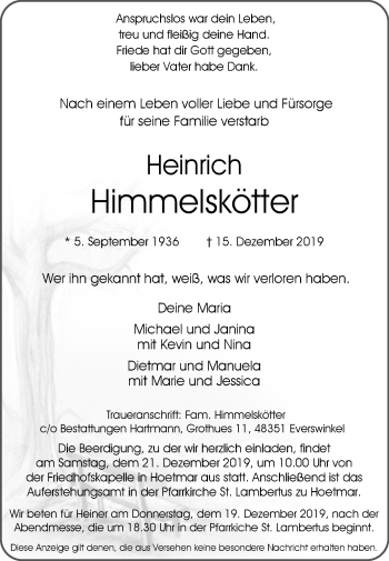 Traueranzeige von Heinrich Himmelskötter von Die Glocke