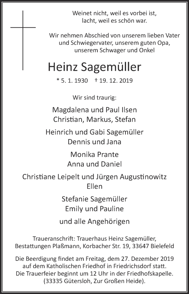  Traueranzeige für Heinz Sagemüller vom 21.12.2019 aus Die Glocke