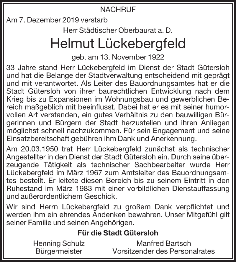 Traueranzeige für Helmut Lückebergfeld vom 18.12.2019 aus Die Glocke
