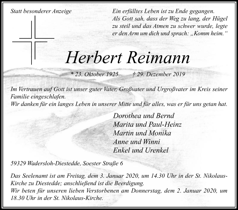  Traueranzeige für Herbert Reimann vom 31.12.2019 aus Die Glocke