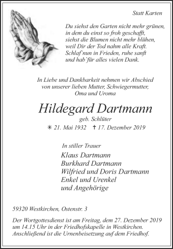 Traueranzeige von Hildegard Dartmann von Die Glocke