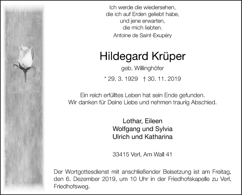  Traueranzeige für Hildegard Krüper vom 02.12.2019 aus Die Glocke