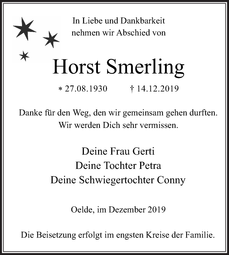  Traueranzeige für Horst Smerling vom 21.12.2019 aus Die Glocke