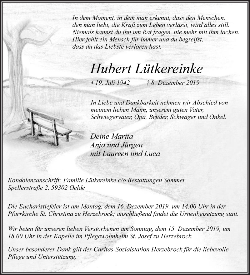  Traueranzeige für Hubert Lütkereinke vom 11.12.2019 aus Die Glocke